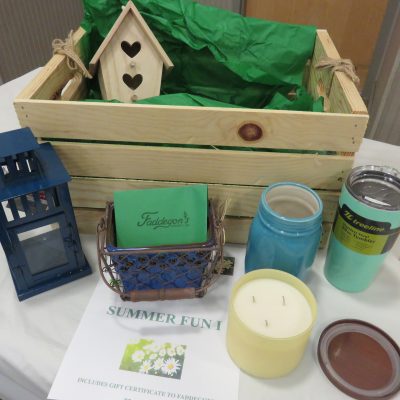 #12A - Property -
 Summertime Fun 1 --  
Contents.
•	$25.00 Faddegon’s Gift Certificate
•	Stainless Steel Coffee Mug
•	Citronella 3-candle tub for outdoors
•	Scented 3-candle tub for indoors
•	Metal table decoration
•	Wooden birdhouse
•	Ceramic vase
•	Wooden Crate
-------
Value:  $75.00
Starting Bid:  $ 40.00
Bid Increments:  $ 3.00
Current Bid:  $  40.00
