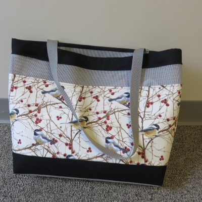 #14 Chickadee Tote Bag --
Custom, Handmade with mesh top and bottom sections;  Size 17 x 22 inches
-------
Value:  $30.00
Starting Bid:  $16.00
Bid Increments:  $3.00
Current Bid:  $20